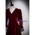 Burgundy Velvet V-neck Long Sleeve Button Prom Dress