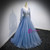 Blue Tulle Sequins V-neck Long Sleeve Beading Prom Dress