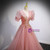 Pink Tulle Sequins Deep V-neck Puff Sleeve Beading Prom Dress