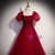 Burgundy Tulle Square Puff Sleeve Beading Prom Dress