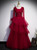 Burgundy Tulle Long Sleeve Beading Prom Dress