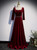 Burgundy Velvet Long Sleeve Square Beading Prom Dress