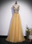 Gold Tulle Sequins Beading V-neck Backless Prom Dress