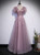 Purple Tulle V-neck Puff Sleeve Appliques Prom Dress