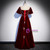 Burgundy Velvet Puff Sleeve Beading Prom Dress