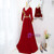 Red Velvet V-neck Long Sleeve Gold Beading Prom Dress