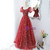 Red Tulle Sequins Square Puff Sleeve Prom Dress