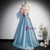 Blue Satin Strapless Prom Dress With Pink Bow