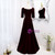 Burgudny Velvet Square Short Sleeve Pleats Prom Dress