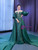 Green Satin Puff Sleeve Sequins Beading Prom Dress