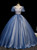Blue Organza Sequins Puff Sleeve Quinceanera Dress