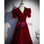 Burgundy Velvet V-neck Short Sleeve Prom Dress