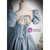 Blue Satin Square Puff Sleeve Pearls Prom Dress