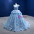 Blue Tulle V-neck Appliques Cap Sleeve Prom Dress