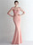 In Stock:Ship in 48 Hours Pink Mermaid Long Sleeve Appliques Prom Dress