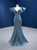Blue Satin Mermaid V-neck Beading Prom Dress