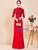 Red High Neck Short Sleeve Appliques Mother Of The Bride Dress