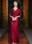 Burgundy Satin Sequins V-neck 3/4 Sleeve Mother Of The Bride Dress