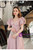 In Stock:Ship in 48 Hours Pink Satin V-neck Puff Sleeve Prom Dress