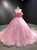 Pink Tulle Long Sleeve Off the Shoulder Pearls Prom Dress
