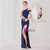 In Stock:Ship in 48 Hours Navy Blue Irregular Neck Split Party Dress