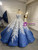 Blue Ball Gown White 3D Appliques Prom Dress
