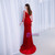 Red Mermaid Velvet Long Sleeve Beading Prom Dress