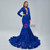 Royal Blue Mermaid Sequins See Through Neck Long Sleeve Prom Dress