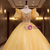 Gold Tulle Puff Sleeve Beading Pearls Quinceanera Dress