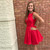 Simple Red Satin V neck Short Party Dresses Back Keyhole Homecoming Gowns