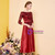 Burgundy Satin Sequins 3/4 Sleeve Tea Length Mother Of The Bride Dress