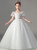 White Tulle Puff Sleeve Pearls Flower Girl Dress