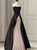 Black satin and pink tulle strapless prom dress front view