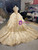 Champagne Tulle Sequins Pearls Off the Shoulder Prom Dress