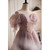 Pink Tulle Sequins Puff Sleeve Off the Shoulder Prom Dress