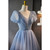 Blue Tulle V-neck Puff Sleeve Beading Prom Dress