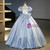Blue Satin Puff Sleeve Bow Quinceanera Dress 