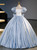 Blue Satin Puff Sleeve Bow Quinceanera Dress 