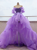 Purple hi-lo organza prom dress with off-shoulder ruffled sleeves front view