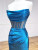 Blue Satin Strapless Pleats Split Prom Dress