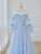 Blue tulle Strapless Long Sleeve Flower Prom Dress