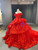 Red Ball Gown Tulle Off the Shoulder 3D Appliques Prom Dress