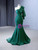 Green Satin One Shoulder Long Sleeve Prom Dress