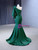 Green Satin One Shoulder Long Sleeve Prom Dress