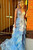 Blue Tulle Off the Shoulder Sequins Appliques Prom Dress