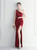 In Stock:Ship in 48 Hours Burgundy One Shoulder Mesh Perspective Party Dress
