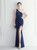 In Stock:Ship in 48 Hours Navy Blue One Shoulder Mesh Perspective Party Dress