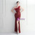 In Stock:Ship in 48 Hours Dark Red Sequins One Shoulder Feather Party Dress