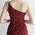 In Stock:Ship in 48 Hours Dark Red Sequins One Shoulder Feather Party Dress