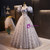 Blue Gray Tulle Sequins Puff Sleeve Prom Dress